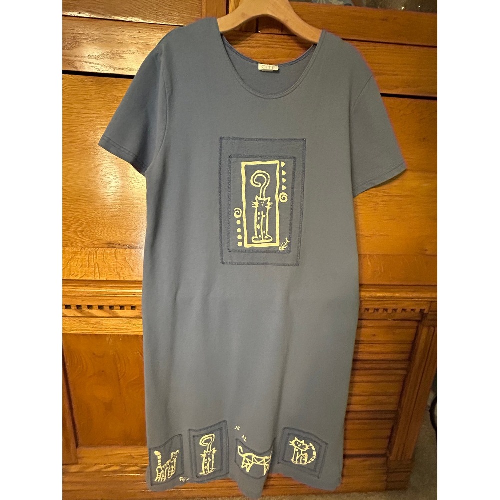 Lagenlook Blue Cat Art Midi T-Shirt Dress Short Sleeve Whimsical Patchwork